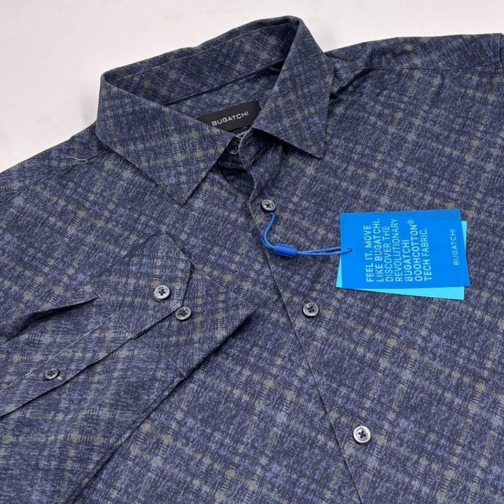 NWT Bugatchi OoohCotton Tech Men's L Blue Plaid 8-Way Stretch Long Sleeve Shirt